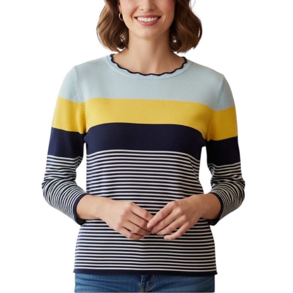 Lands' End Coastal Cotton Colorblock Striped Sweater Medium Navy Blue Yellow
